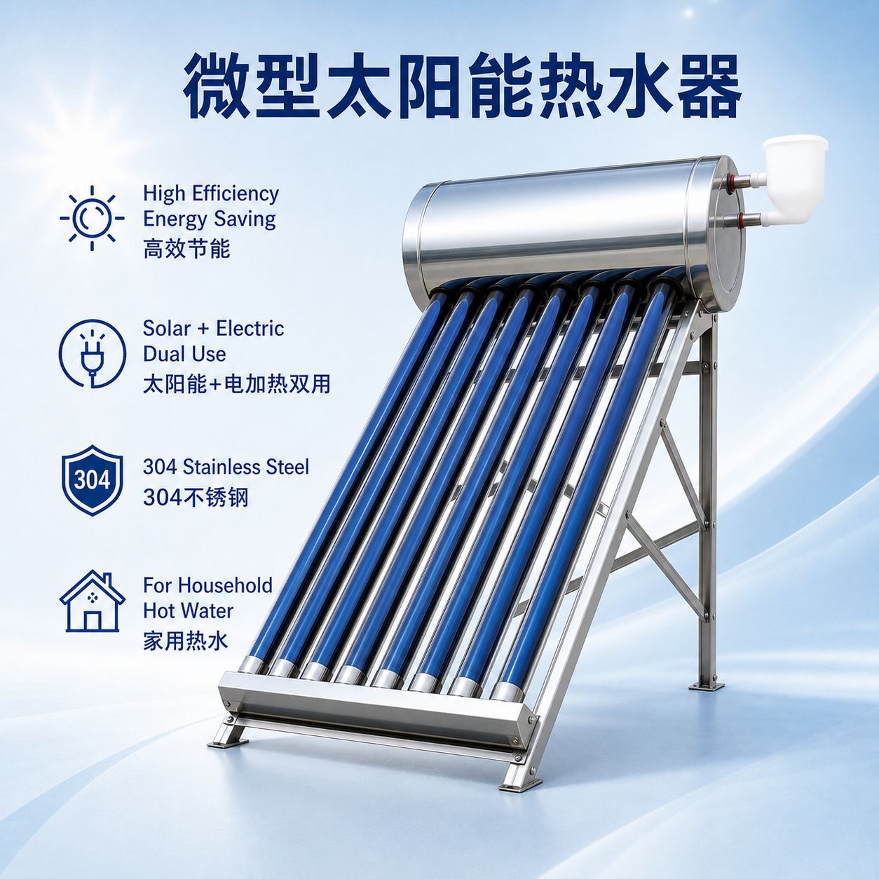 Miniature Stainless Steel Solar Water Heater, Efficient Heating, Energy-Saving, Small Capacity, Household Use, Fully Automatic, All-In-One